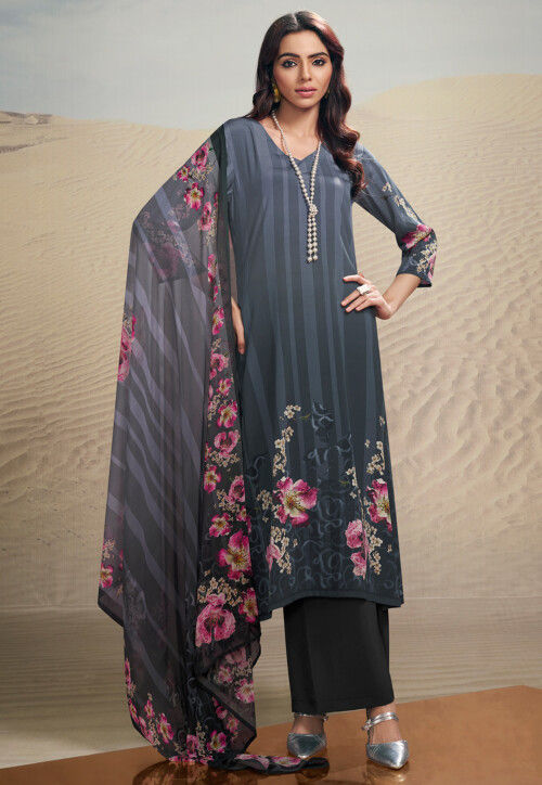 Digital Printed Crepe Pakistani Suit in Grey