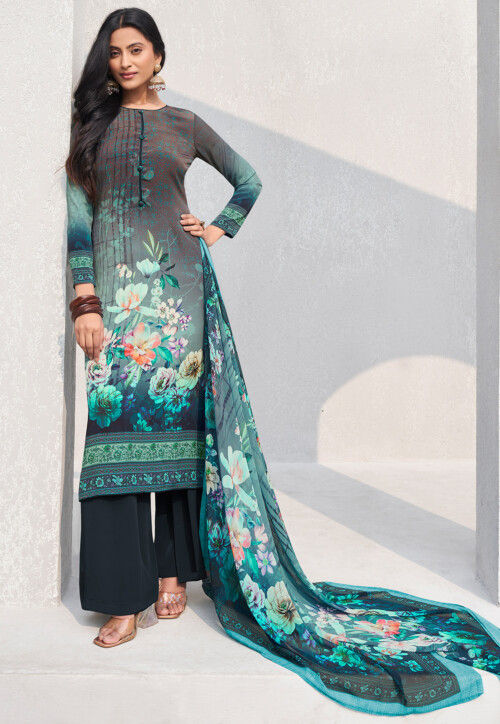 Digital Printed Crepe Pakistani Suit in Grey
