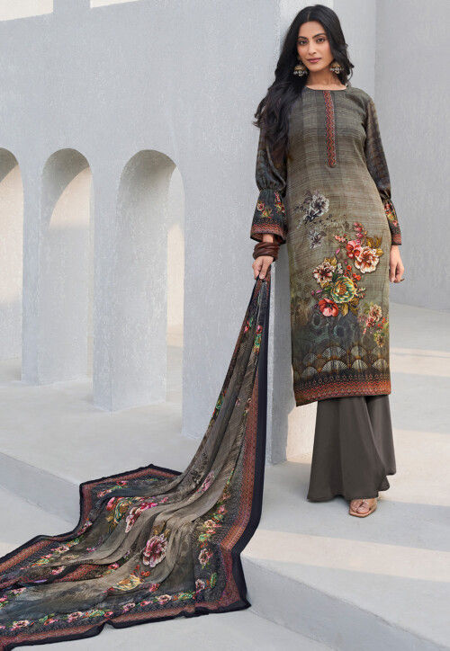 Digital Printed Crepe Pakistani Suit in Grey