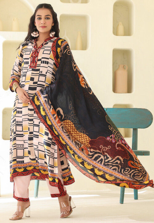 Digital Printed Crepe Pakistani Suit in Light Beige