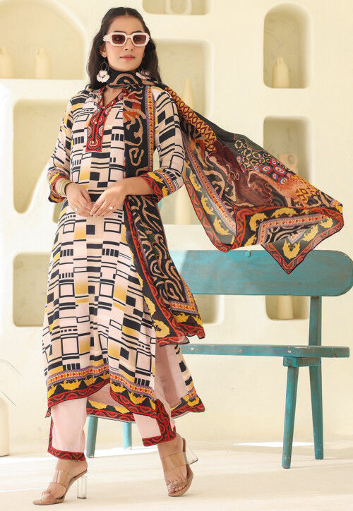 Digital Printed Crepe Pakistani Suit in Light Beige