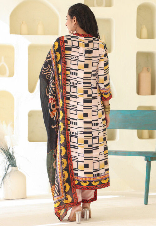 Digital Printed Crepe Pakistani Suit in Light Beige