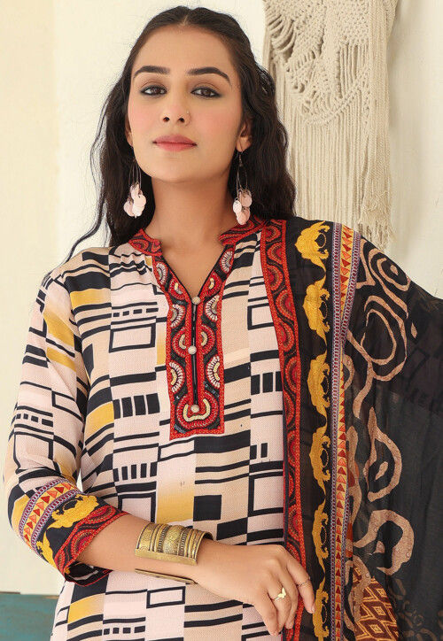 Digital Printed Crepe Pakistani Suit in Light Beige
