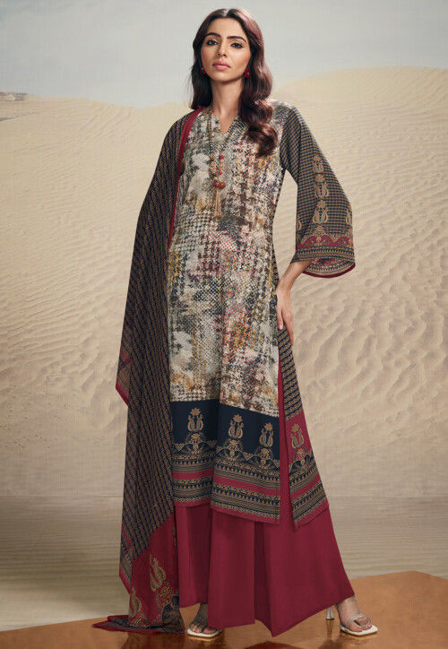 Digital Printed Crepe Pakistani Suit in Multicolor