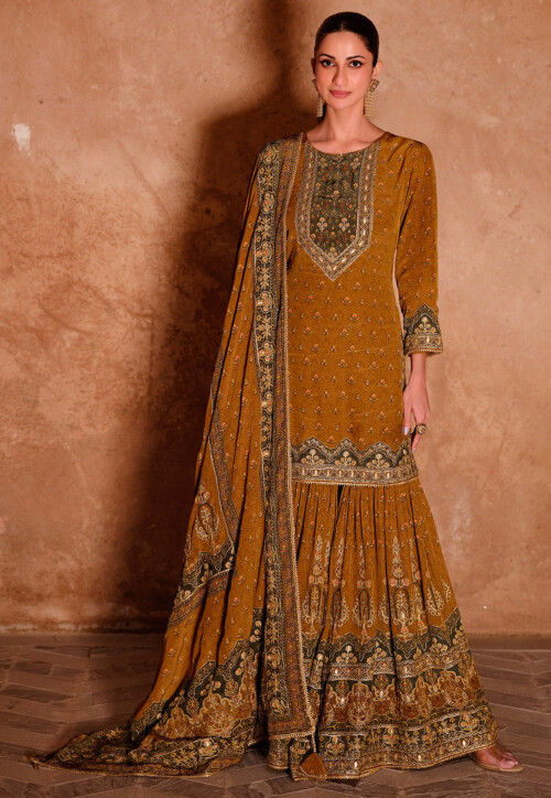 Digital Printed Crepe Pakistani Suit in Mustard
