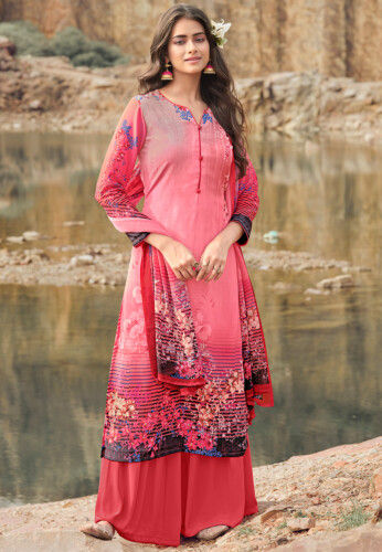 Digital Printed Crepe Pakistani Suit in Pink