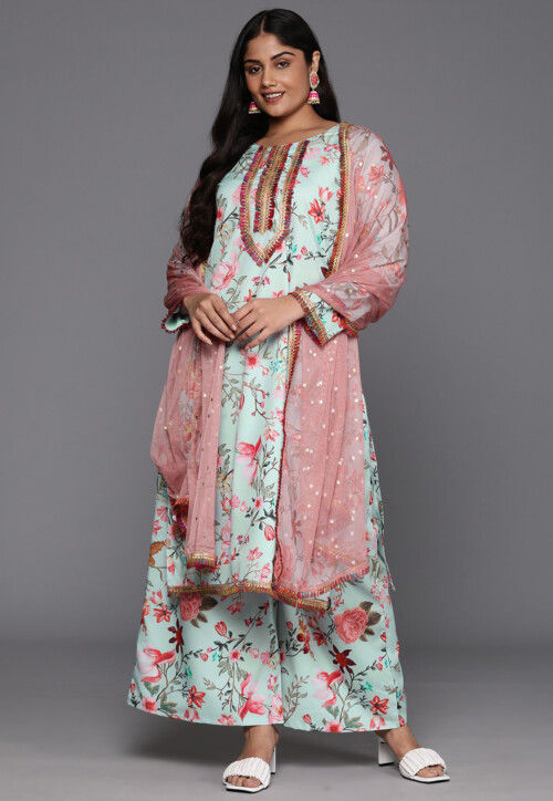 Digital Printed Crepe Pakistani Suit in Sea Green