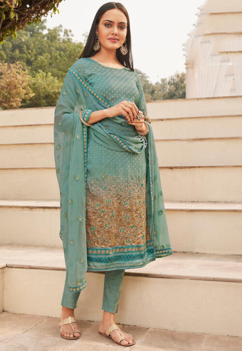 Digital Printed Crepe Pakistani Suit in Sea Green