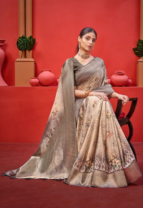 Digital Printed Crepe Saree in Beige