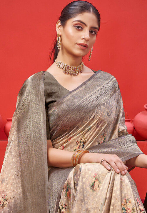 Digital Printed Crepe Saree in Beige