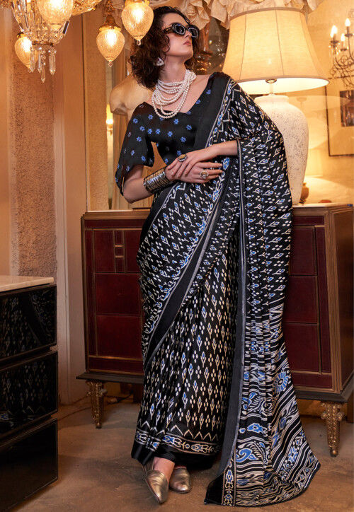 Digital Printed Crepe Saree in Black