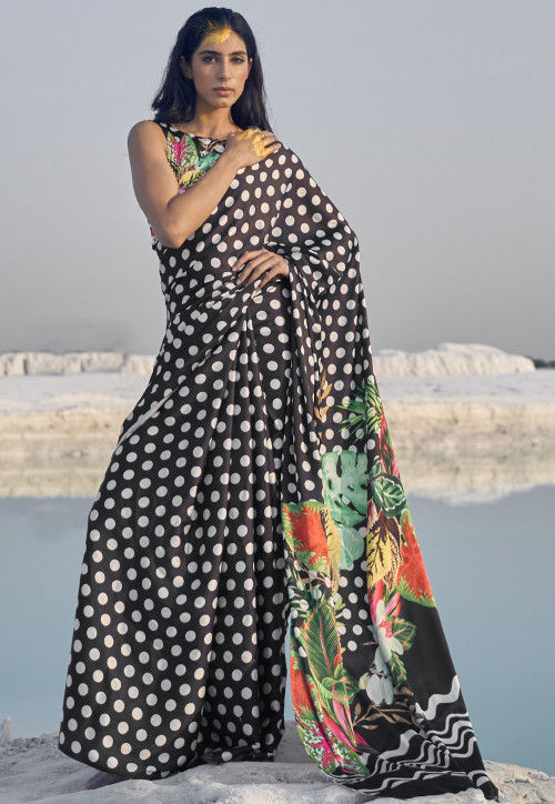 Digital Printed Crepe Saree in Black