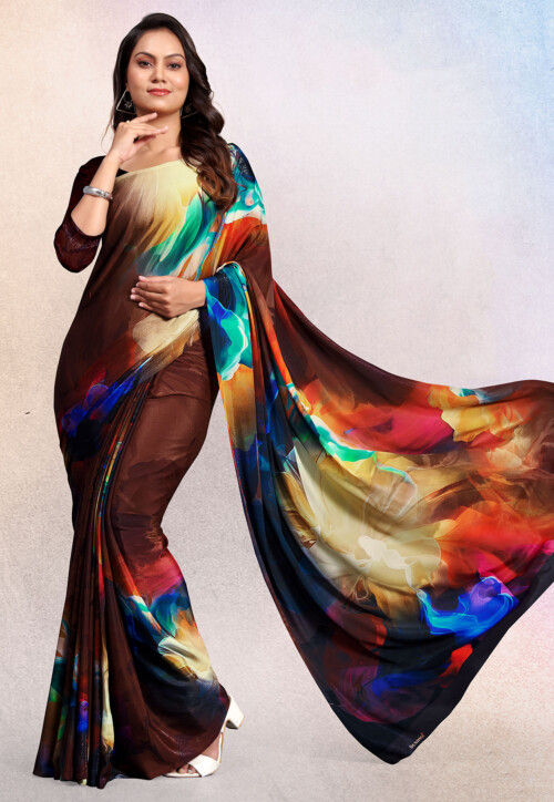 Digital Printed Crepe Saree in Brown and Multicolor