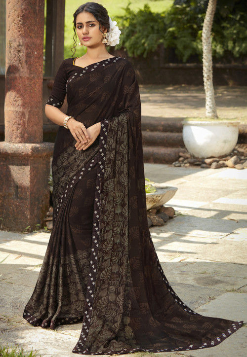 Digital Printed Crepe Saree in Brown