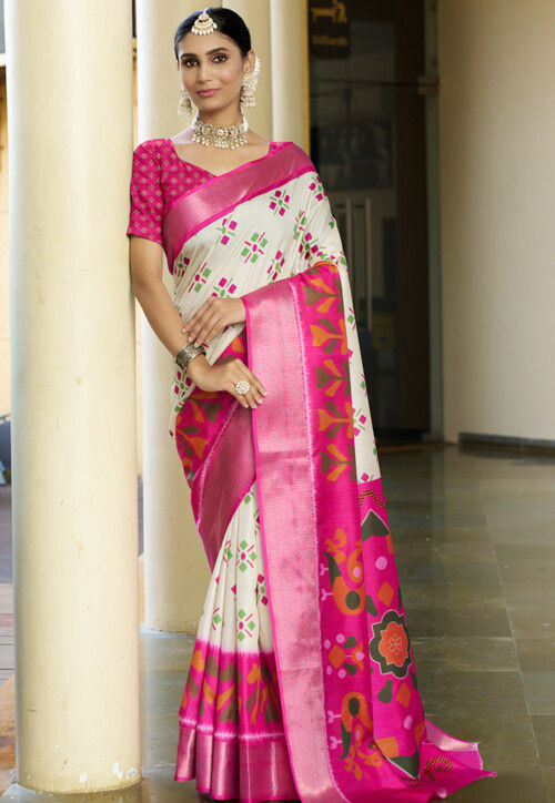 Digital Printed Crepe Saree in Cream