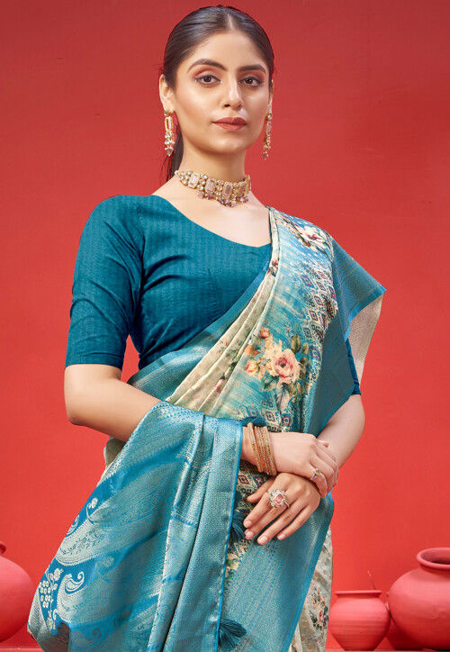 Digital Printed Crepe Saree in Cream