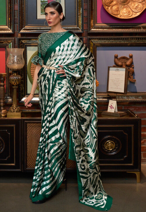 Digital Printed Crepe Saree in Green and Off White SSF17581