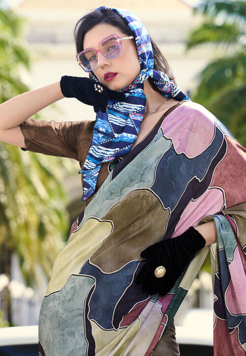 Digital Printed Crepe Saree in Multicolor