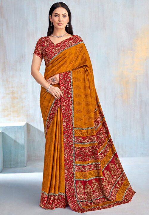Digital Printed Crepe Saree in Mustard