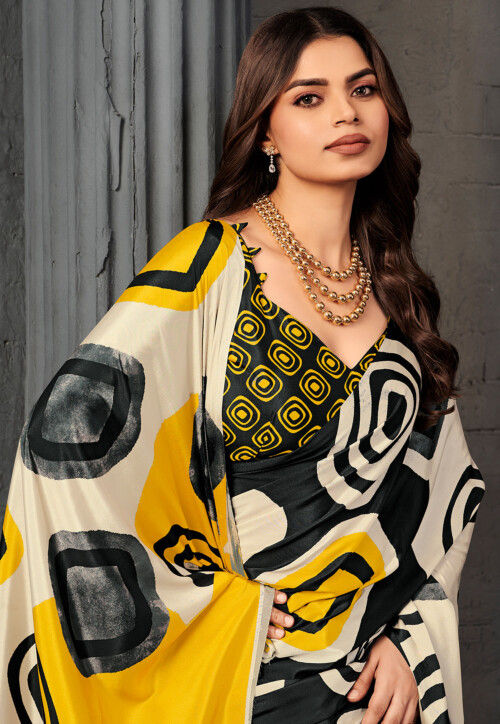 Digital Printed Crepe Saree in Off White and Black