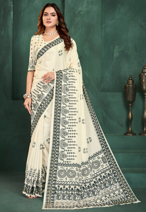 Digital Printed Crepe Saree in Off White