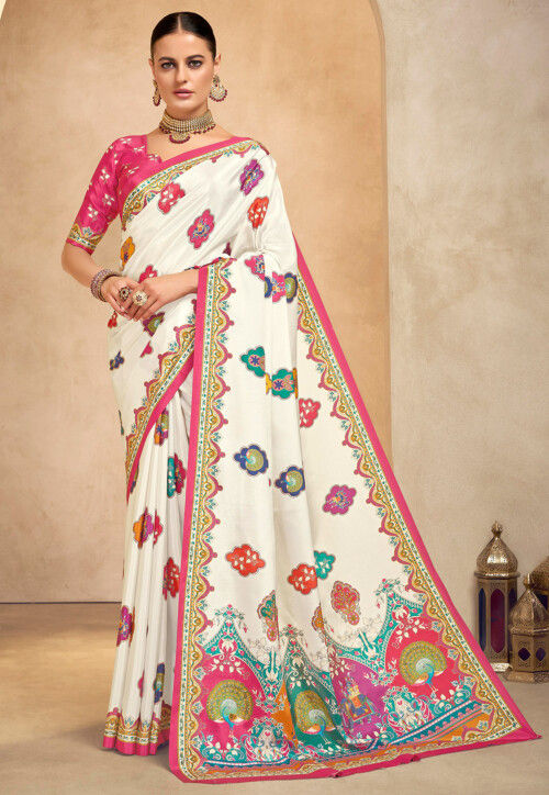 Digital Printed Crepe Saree in Off White