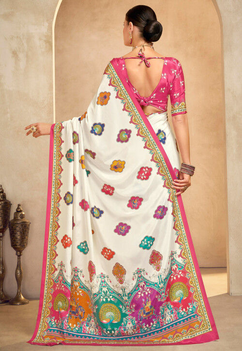 Digital Printed Crepe Saree in Off White