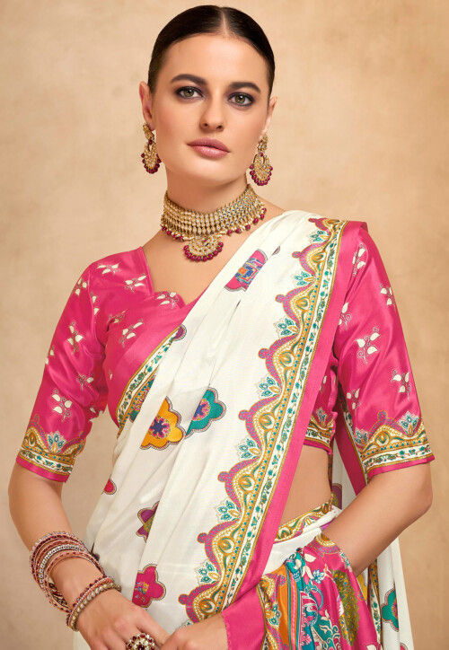 Digital Printed Crepe Saree in Off White