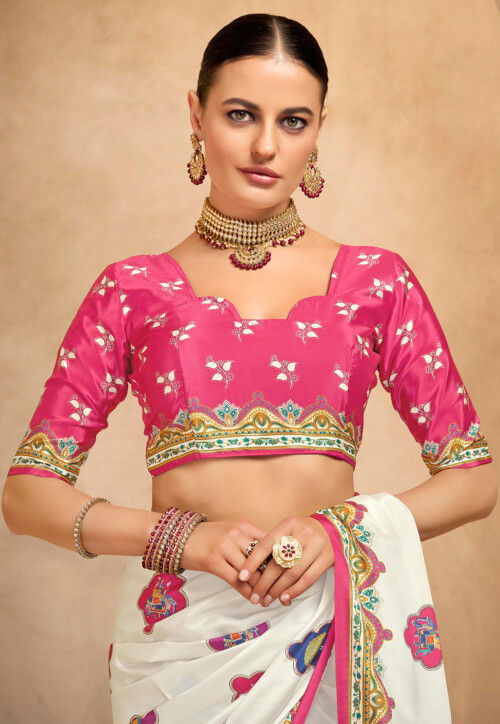 Digital Printed Crepe Saree in Off White