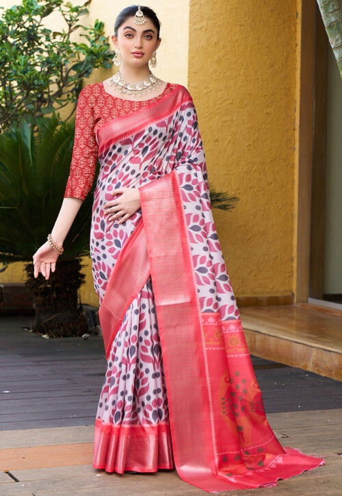 Digital Printed Crepe Saree in Off White