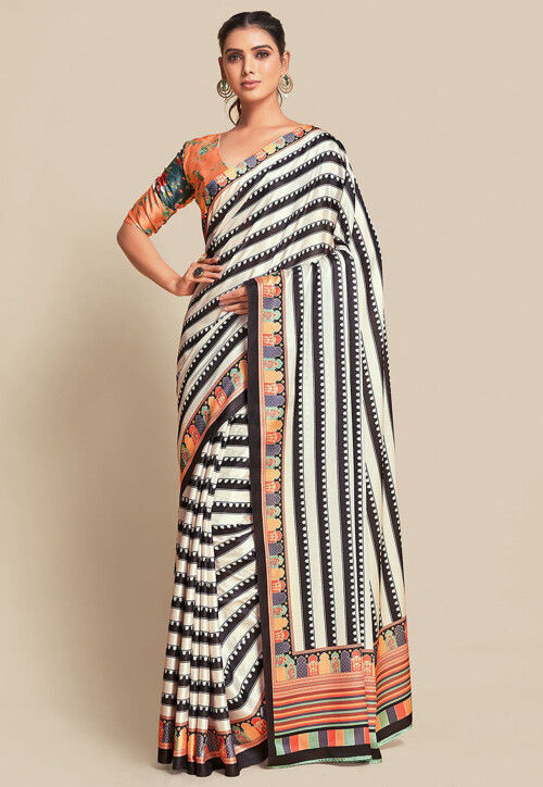 Digital Printed Crepe Saree in Off White