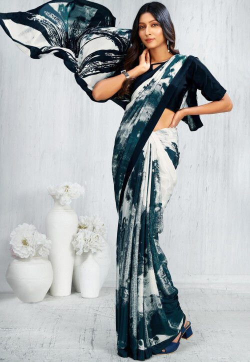 Digital Printed Crepe Saree in Off White