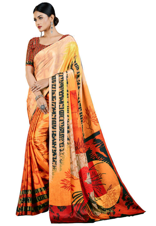 Digital Printed Crepe Saree in Orange