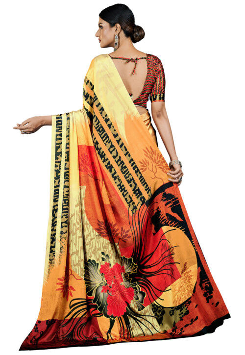 Digital Printed Crepe Saree in Orange