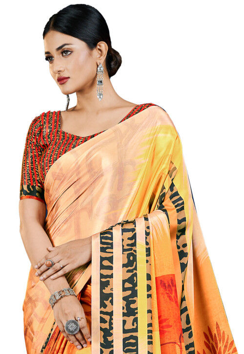 Digital Printed Crepe Saree in Orange