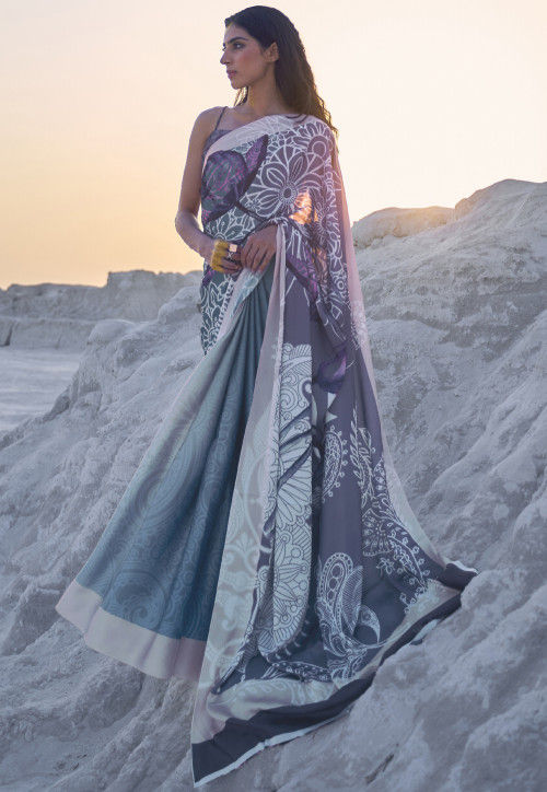 Buy Digital Printed Crepe Saree in Shaded Grey and Blue Online ...