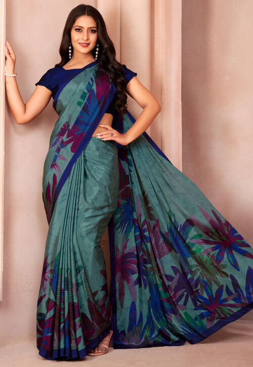 Digital Printed Crepe Saree in Teal Blue