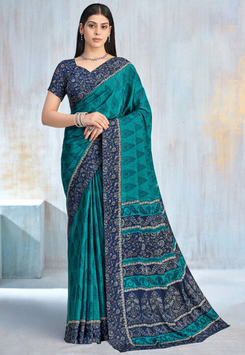 Digital Printed Crepe Saree in Teal Blue