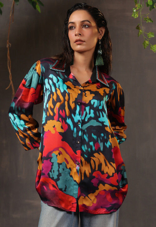 Digital Printed Crepe Shirt in Black
