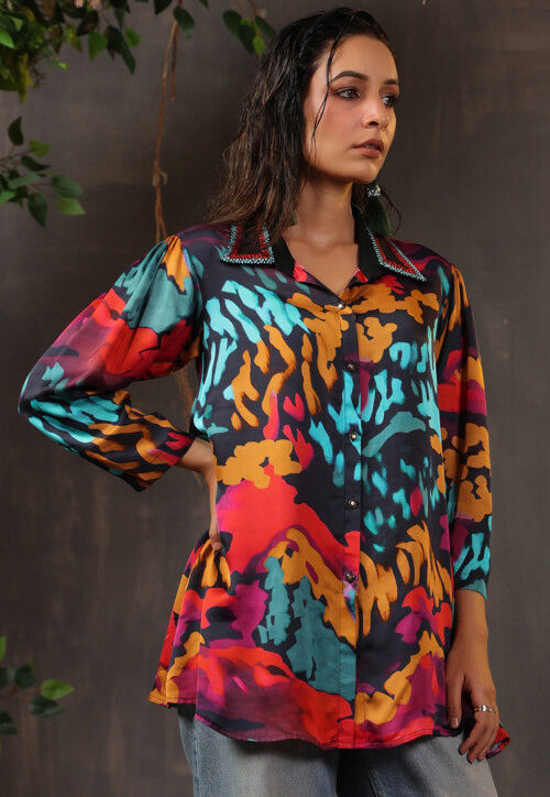 Digital Printed Crepe Shirt in Black