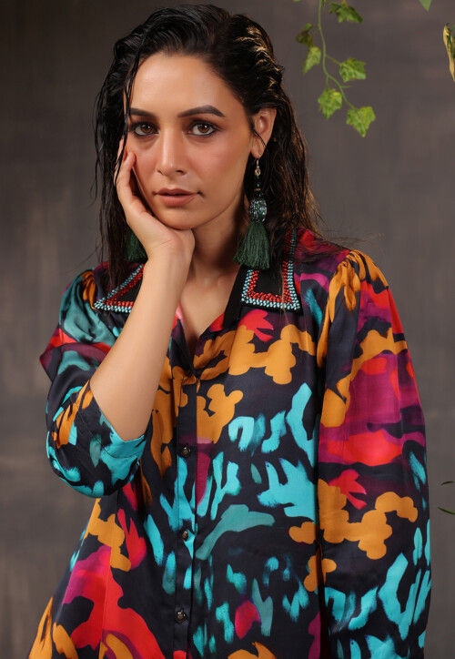 Digital Printed Crepe Shirt in Black