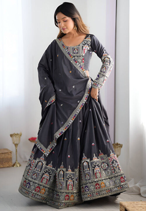 Digital Printed Crepe Silk Lehenga in Grey