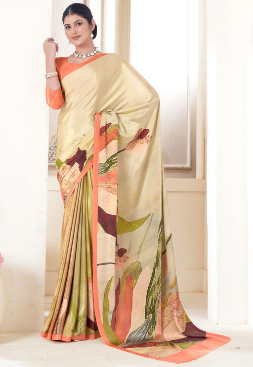 Digital Printed Crepe Silk Saree in Beige
