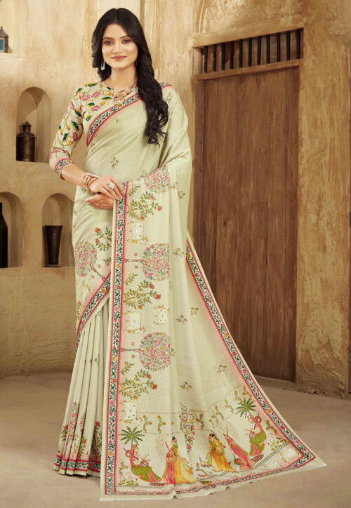 Digital Printed Crepe Silk Saree in Cream