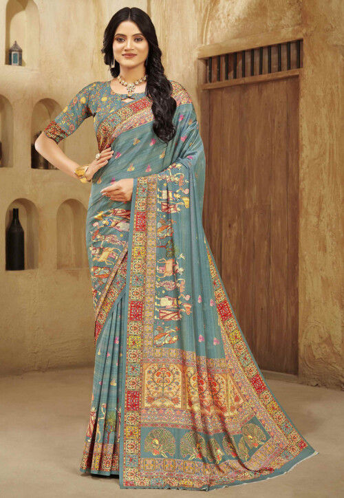 Digital Printed Crepe Silk Saree in Dusty Blue