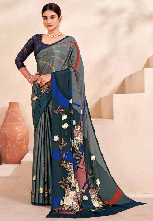 Digital Printed Crepe Silk Saree in Grey