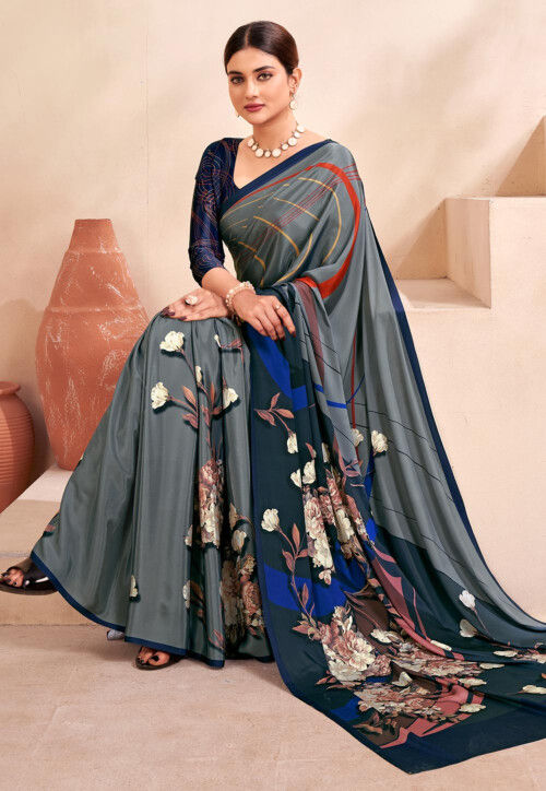 Digital Printed Crepe Silk Saree in Grey