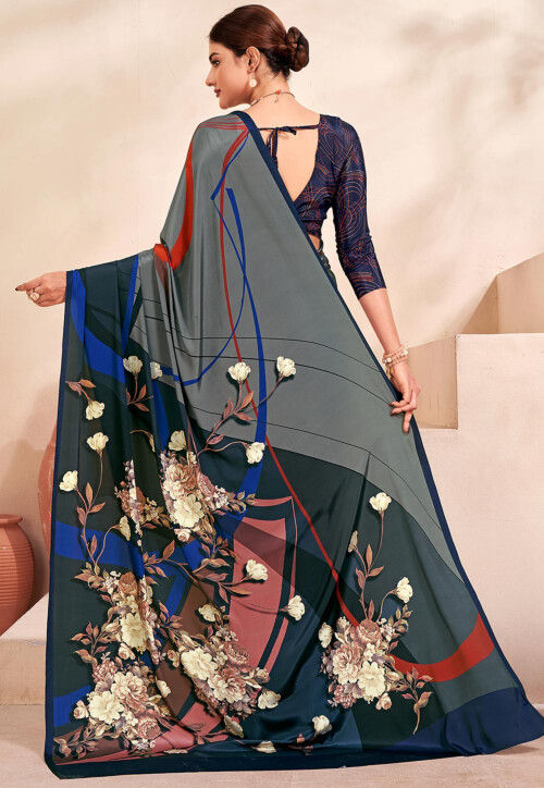 Digital Printed Crepe Silk Saree in Grey