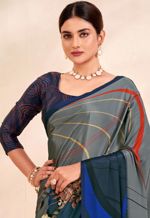 Digital Printed Crepe Silk Saree in Grey