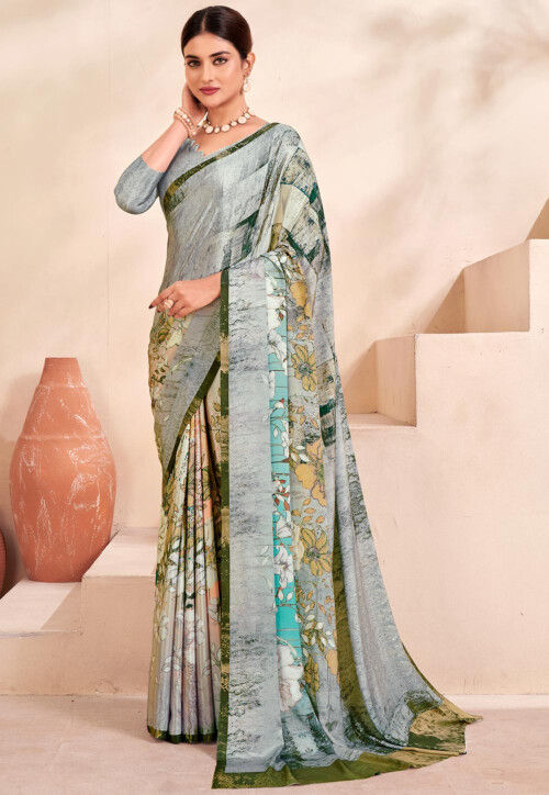 Digital Printed Crepe Silk Saree in Grey